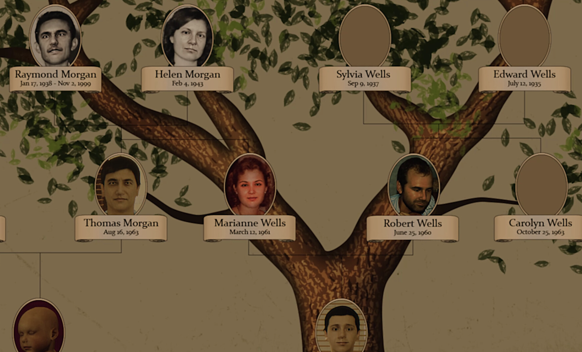 Family tree board highlighting Eli's relatives as part of the haunting investigation.